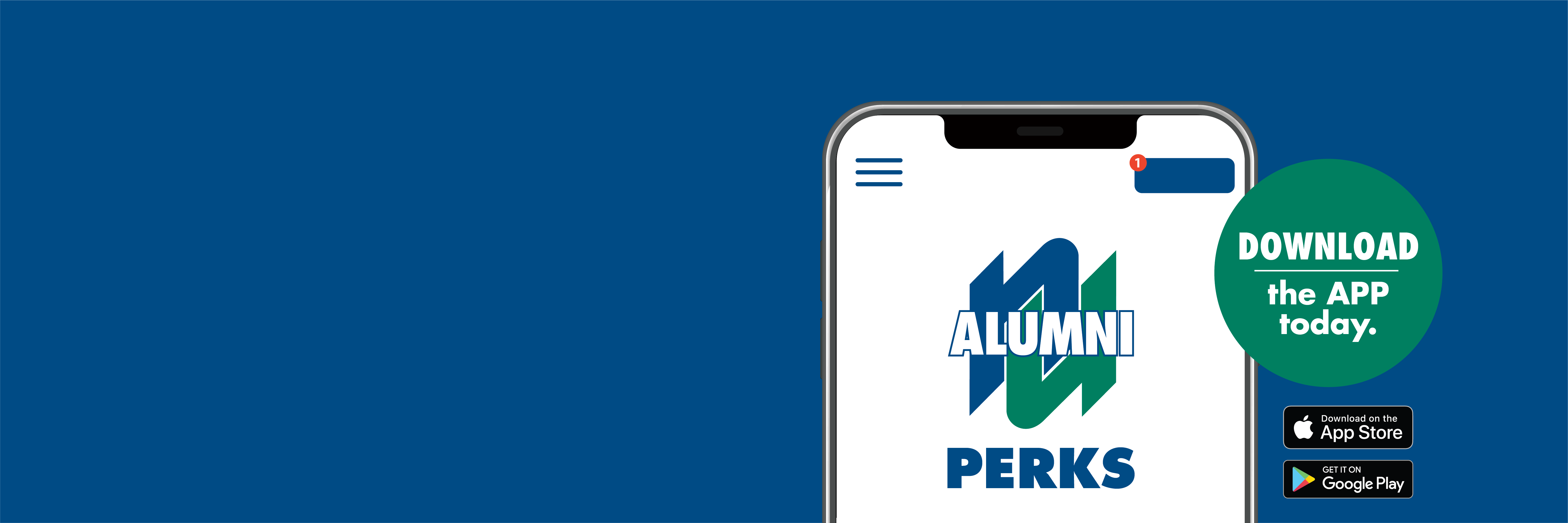 Alumni Perks App Graphic on a blue background