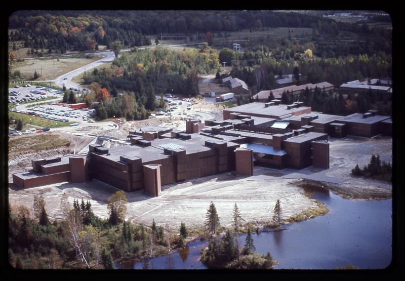 Aerial view of the newly-completed College Education Centre in North Bay, ON, circa 1971.