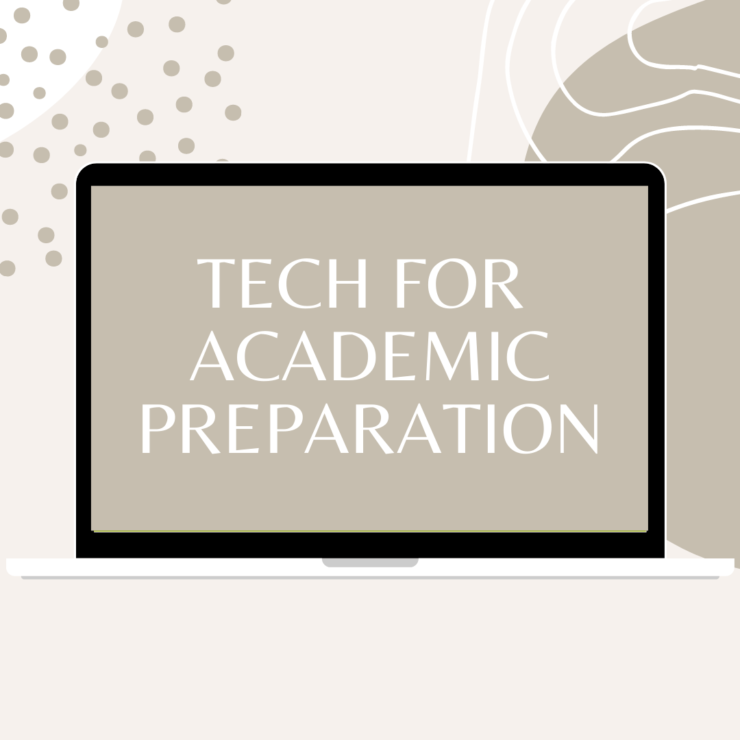 Grey and white tones background, computer in the center, with white text on it that says tech for academic preparation