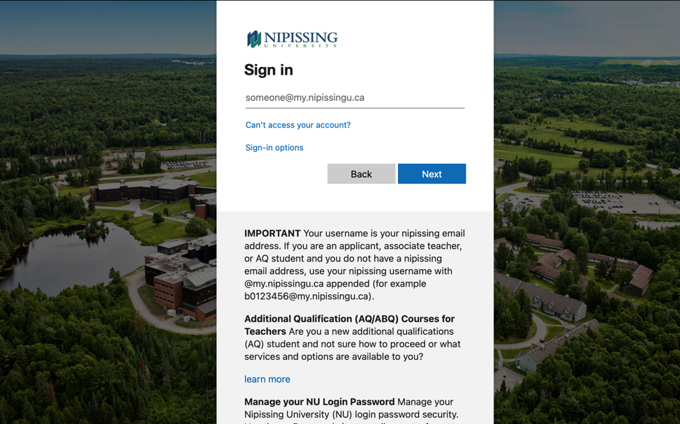 Nipissing login screen