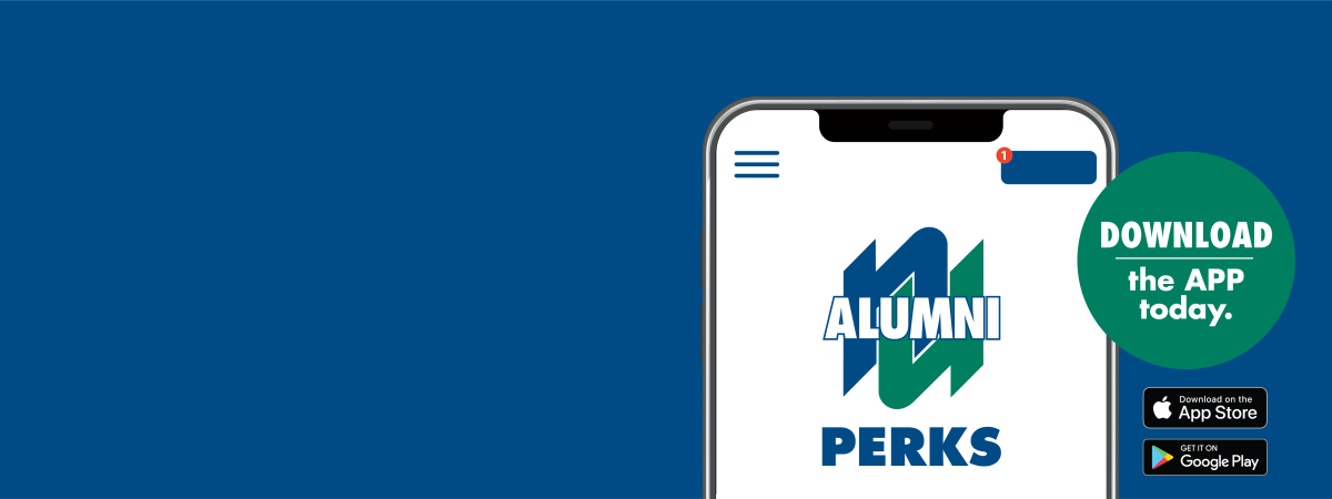 Alumni Perks App Graphic on a blue background