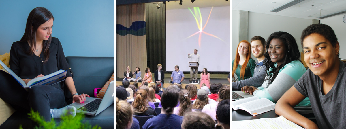 Collage of three photos. First photo is a person sitting on a black leather couch, holding a book open, typing on a computer. Second photo is faculty presenting to a lecture hall full of students. Third photo is a selfie of a group of four students sitting side by side at a table in a classroom. 