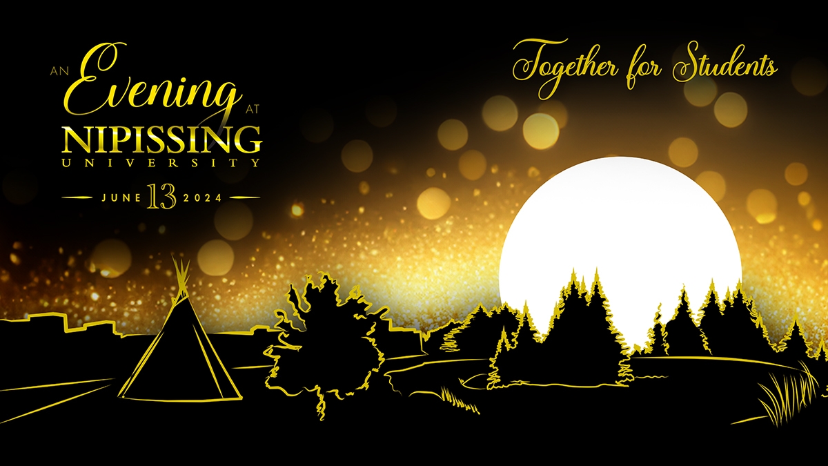 Banner style image of the Nipissing University campus building and nature silhouettes against a bring white low moon