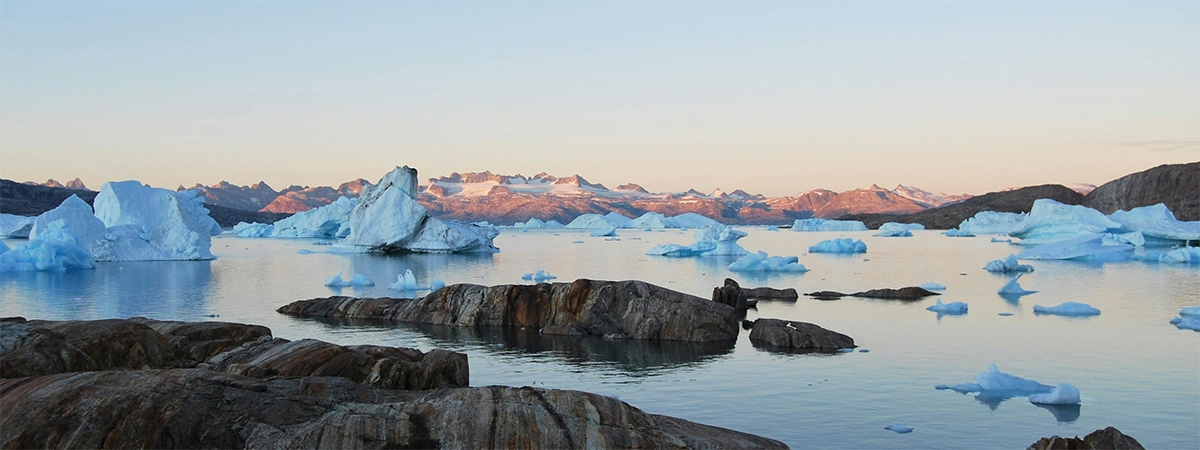 Image of a lake filled with icebergs in the Arctic