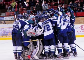 Photo of Lakers men's hockey team celebrating