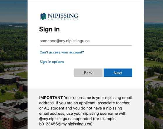 Nipissing login screen