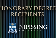 Honorary Degree Recipients and Nipissing Logo across a green and blue theatre curtain