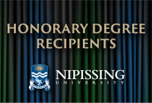 Honorary Degree Recipient Text over a photo of a plush theatre curtain