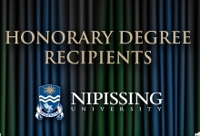 Honorary Degree Recipients title with curtains, flags and flowers