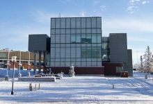 Nipissing library snow covered trees and ground